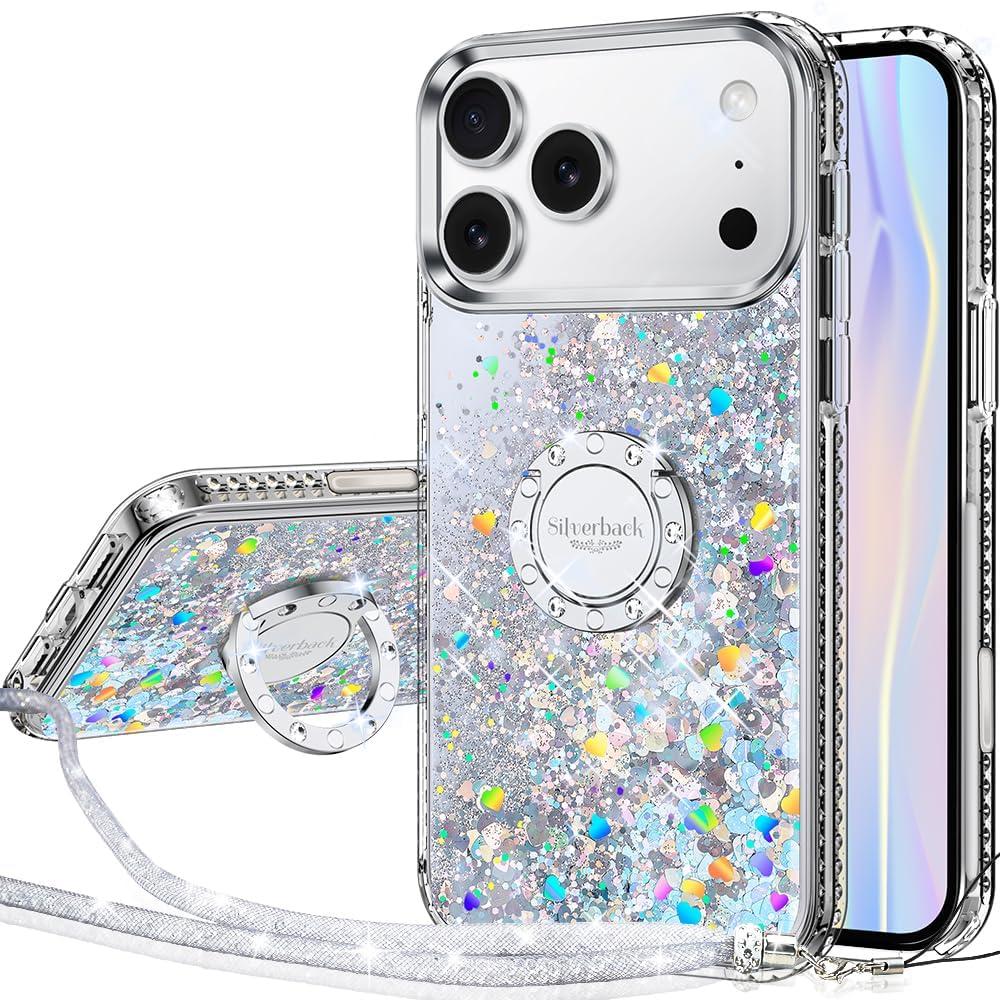 Silverback for iPhone 17 Pro Case, Moving Liquid Holographic Sparkle Glitter Case with Kickstand, Girls Women Bling Diamond Ring Protective Case for iPhone 17 Pro - Clear Silver