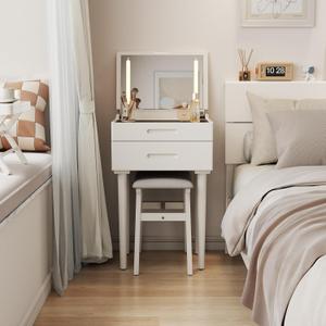 Muwuele Solid Wood Small Vanity Desk with Mirror and Lights, Narrow Makeup Vanity for Small Space, Flip Top Vanity Side Table, 3 Color Modes & Adjustable Brightness, 19.6" Slim Dressing Table, White, 19.6" Wide