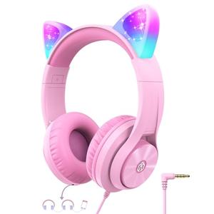 iClever Kids Headphones with Cat Ear Led Light Up, Safe Volume Limite, FunShare, Foldable, Over-Ear Headphones for Kids for School/iPad/Tablet/Travel, Meow Donut-Pink 2 Pack