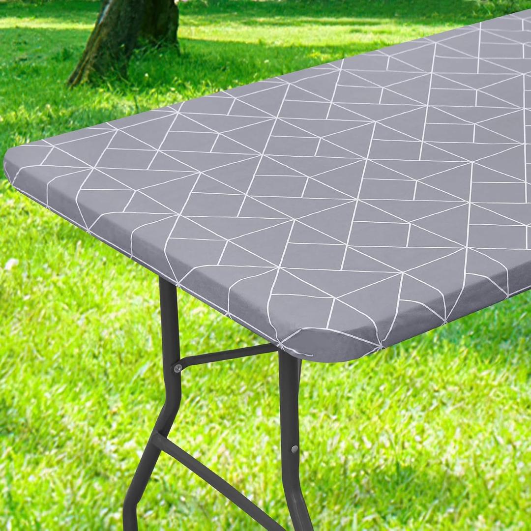 misaya Rectangle Fitted Plastic Table Cloth, Elastic Vinyl Flannel Backed Tablecloth, Waterproof Table Cover Fits 6 Foot Folding Tables for Outdoor Picnic Camping (Grey, 30" x 72")