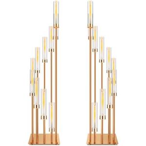 Dandat 2 Pcs 10 Arms Gold Candelabra 50" Tall Wedding Candle Holder Centerpieces Acrylic Pillar Candle Floor Stand Candelabra with Clear Acrylic Shades for Flameless Candle Birdal Valentines Day