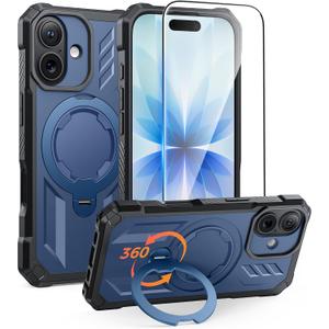 FNTCASE for iPhone 17 Phone Case: [360 Spin Magnetic Ring Kickstand] [Compatible for MagSafe] [Screen Protector] Heavy Duty Military Grade Protection Protective Phone Case with Stand Blue