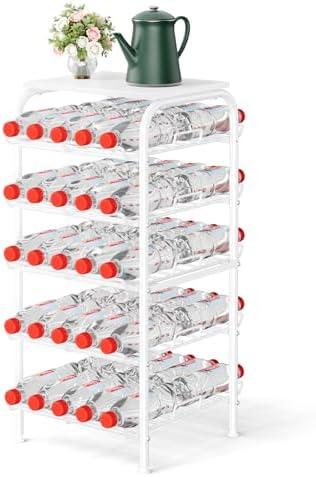 Water Bottle Organizer 5 Tier Free Standing Water Bottle Storage Rack Metal Water Bottle Rack Shelf Large Capacity Bottled Water Holder Beverage Soda Drink Stand for Kitchen Pantry Office,White