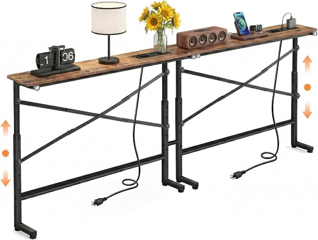 78.8inch Adjustable Height Narrow Sofa Side Table with 2 Power Outlets, Couch Behind Table for Small Space, Hallway, Entryway, Bedside, Bedroom, Stable, Easy to Assemble & Clean(Rustic Brown)
