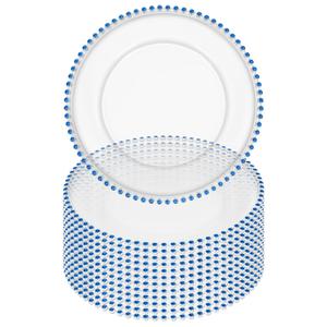 Tomeurperf 24 Pack Clear Charger Plates 13 Inch Acrylic Round Dinner Chargers with Blue Beaded Rim, Plastic Round Decorative Plates for Kitchen Wedding Party Home and Tabletop Decoration