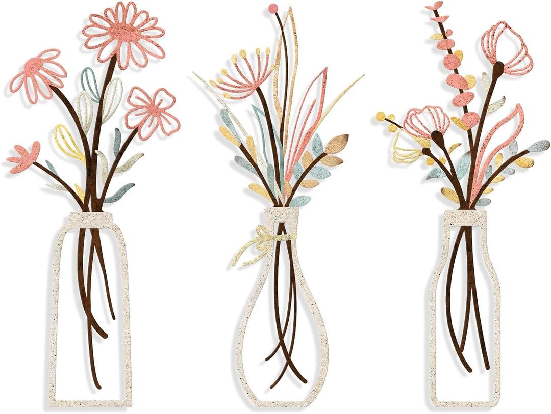 3 Pieces Metal Flowers Wall Arts - Rustic Farmhouse Style Dcor Metal Wall Art Black Minimalist Flower Natural Themed Wall Decors for Home Bedroom Dining Room Housewarming (Pink Beige)