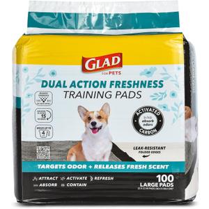 Glad for Pets Dual Action Freshness Activated Carbon Puppy Pads, Fragrance Release, Scented Odor Control, 6-Layer Leak-Proof, Pheromone Attractant, 23 x 23 Inch, 100 Count