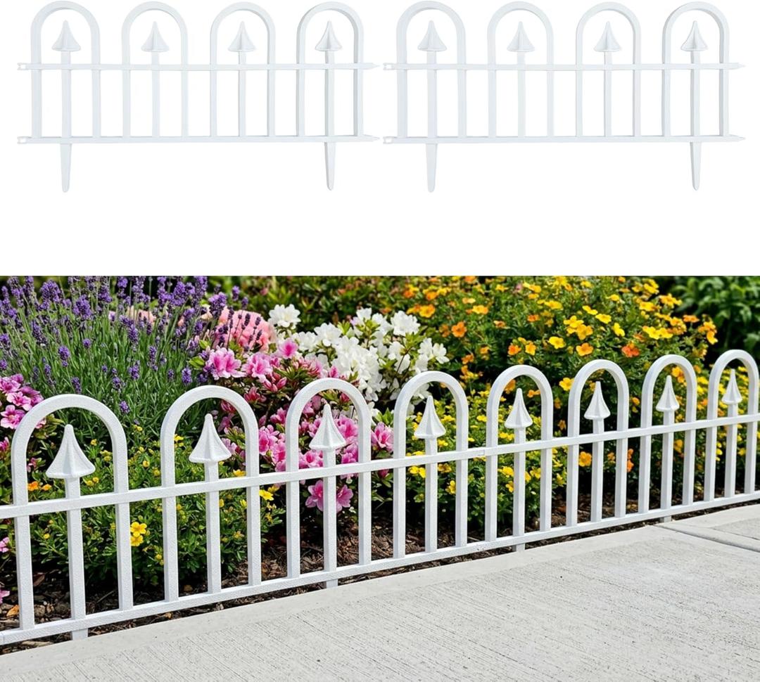 LaLaGreen Garden Edging Fence (24 Inch, 10 Pack) White Plastic Flower Bed Edging Panels for Lawn Landscape Barrier, Patio Yard Pathway Tree Rings, Outdoor Decor Border with Elegant Small Fence Style
