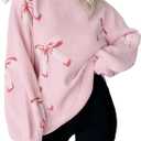 Womens Oversized Bow Sweater Cute Love Heart Print Preppy Pullover Top Chuncy Knit Long Sleeve Valentines Day Sweaters (Small)