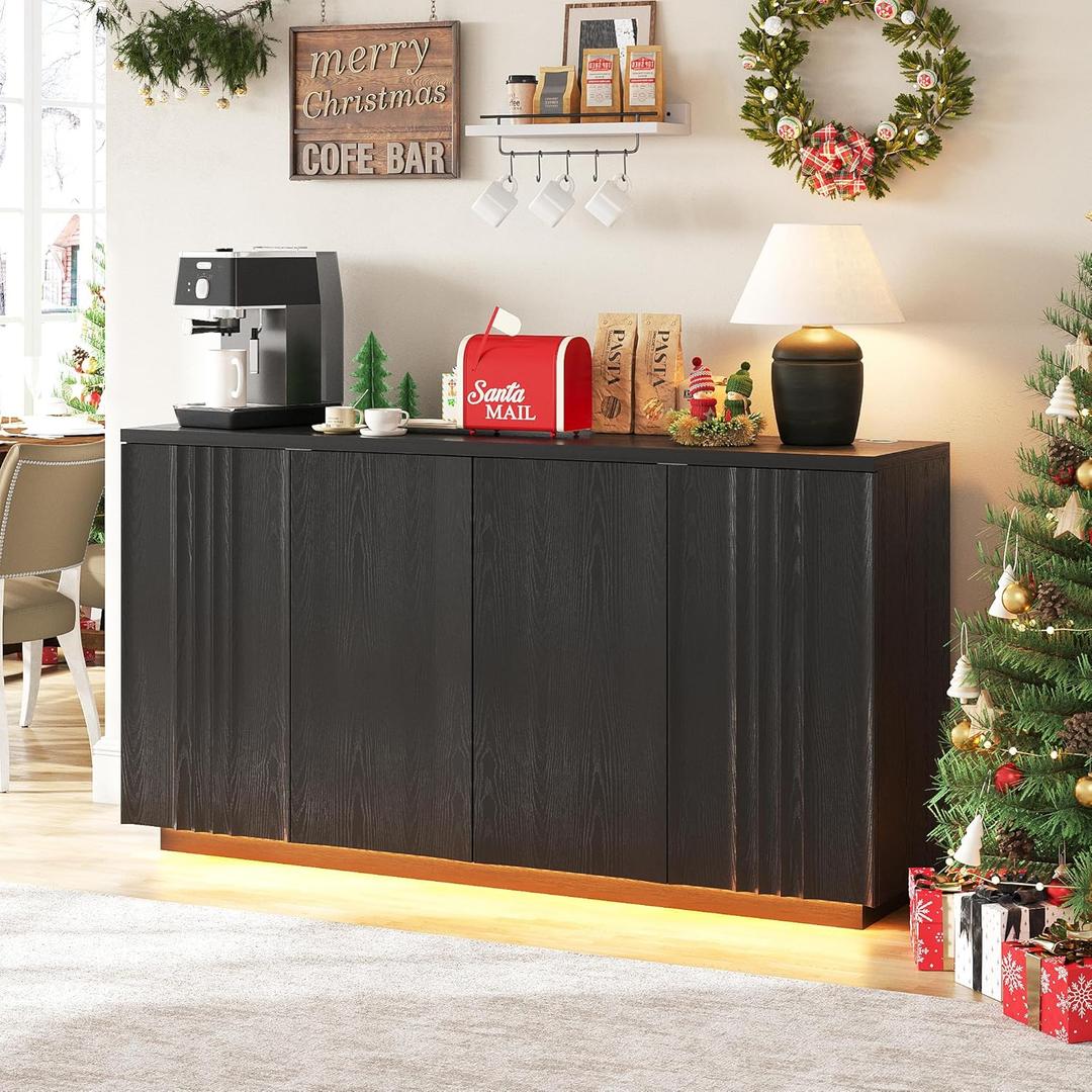 63'' Buffet Cabinet with Storage, Coffee Bar with 4 Doors & 2 Adjustable Shelves, Modern Sideboard Table with 3 Color LED Light for Kitchen (Black)