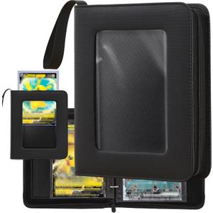 Jumbo Card Binder with Display Window Oversized Card Storage Album, Fits L & XL Jumbo Cards, 3-Ring Zipper Binder with Support Dividers, Holds 100 Jumbo Cards, Blcak
