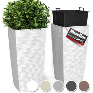 Mueller M-Resin Heavy Duty Tall Planters for Outdoor Plants, Indoor Grande Plant Pots, Boxes, Trees, Flower Pots, 2-Piece Set, 18”, Modern Design, Built-in Drainage, Front Porch Decor, White