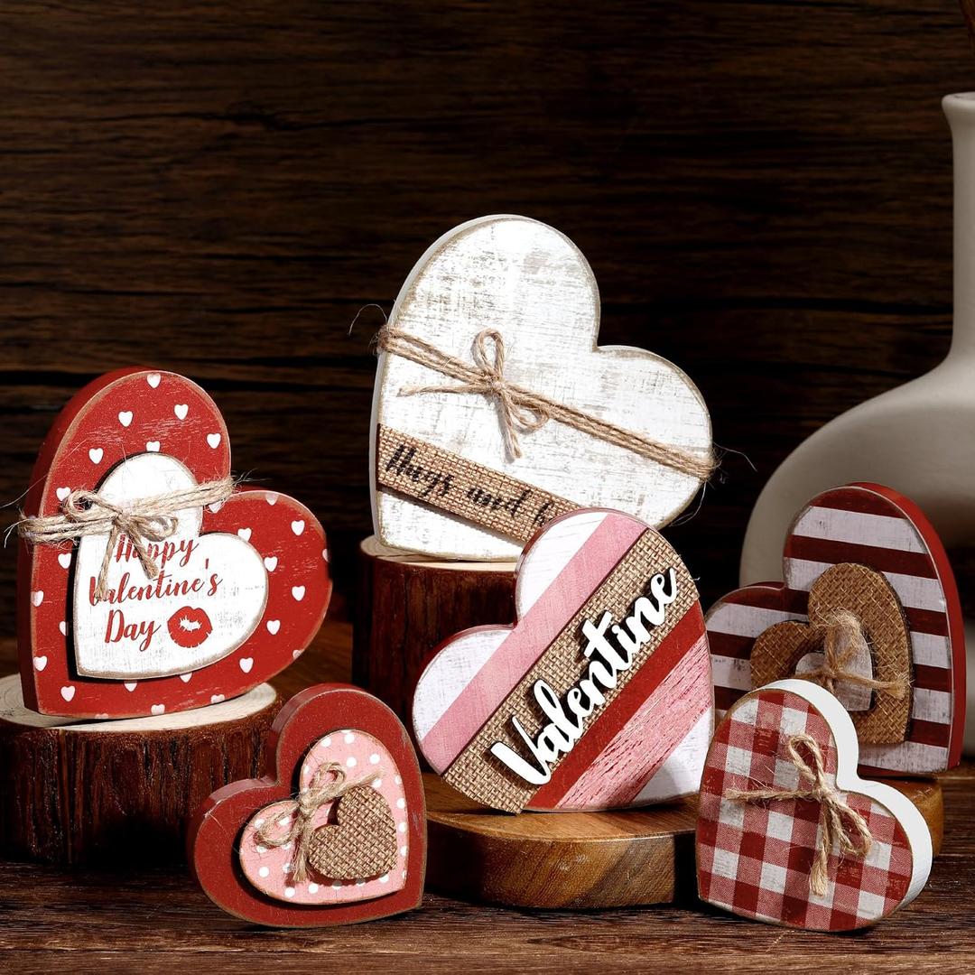 Wonderjune 6 Pcs Valentines Day Decorations Rustic Heart Shaped Wooden Sign Farmhouse Love Wood Block Table Centerpiece Valentines Tiered Tray Decor for Valentines Day Wedding Home(Classic Style)