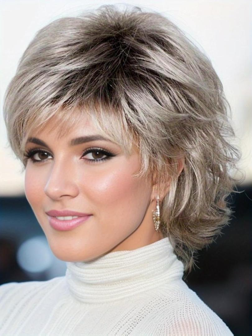 TISHINING Pixie Cut Short Ombre Gray Curly Wigs for White Women Fluffy Layered Mixed Grey Wig with Bangs Natural Looking Synthetic Daily Party Wig