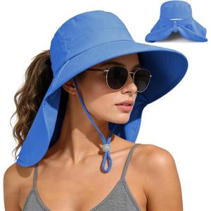 Ruqizhi Sun Hats for Women with Neck Flap Ponytail Hole Women Sun Hats Rollable UV Protection Fishing Hats Wide Brim UPF 50+