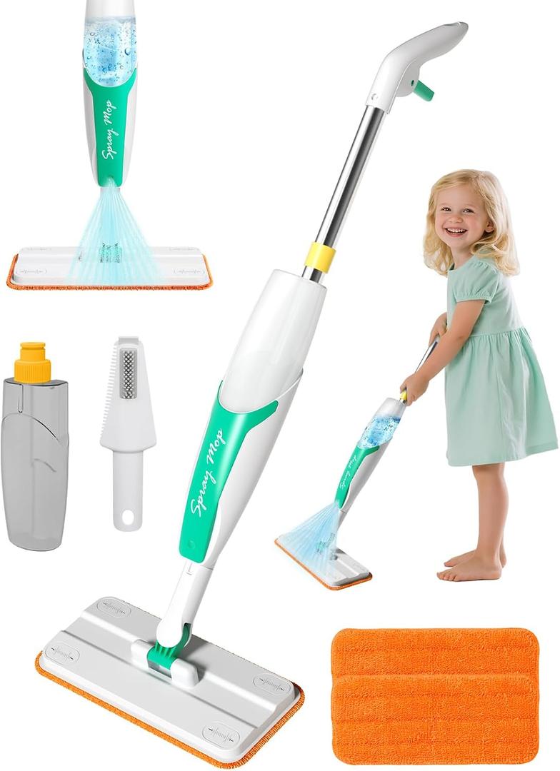 Kids Spray Mop Toy Toddler Cleaning Set with Real Water Sprayer, Microfiber Mop Pads & Scraper Pretend Play Montessori Cleaning Toys Gift for Preschool Toddlers Kids Boys and Girls