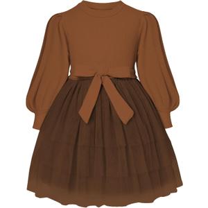 Toddler Girl Tulle Dress Puff Long Sleeves Tutu Dresses with Tie Belt for Princess Brithday Party, 1-2T