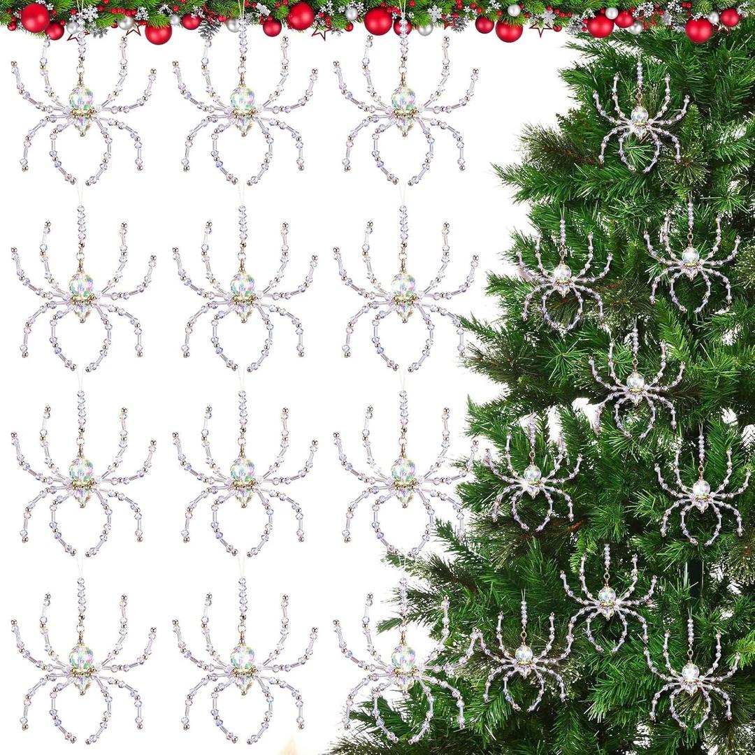 Thyle 12 Pcs Crystal Christmas Spider Ornament Beaded Glitter Hanging Ornaments Spider Xmas Acrylic Beaded Decor for Tree Pendants Home Indoor Decor Xmas Gifts and Crystals Decorations Supplies