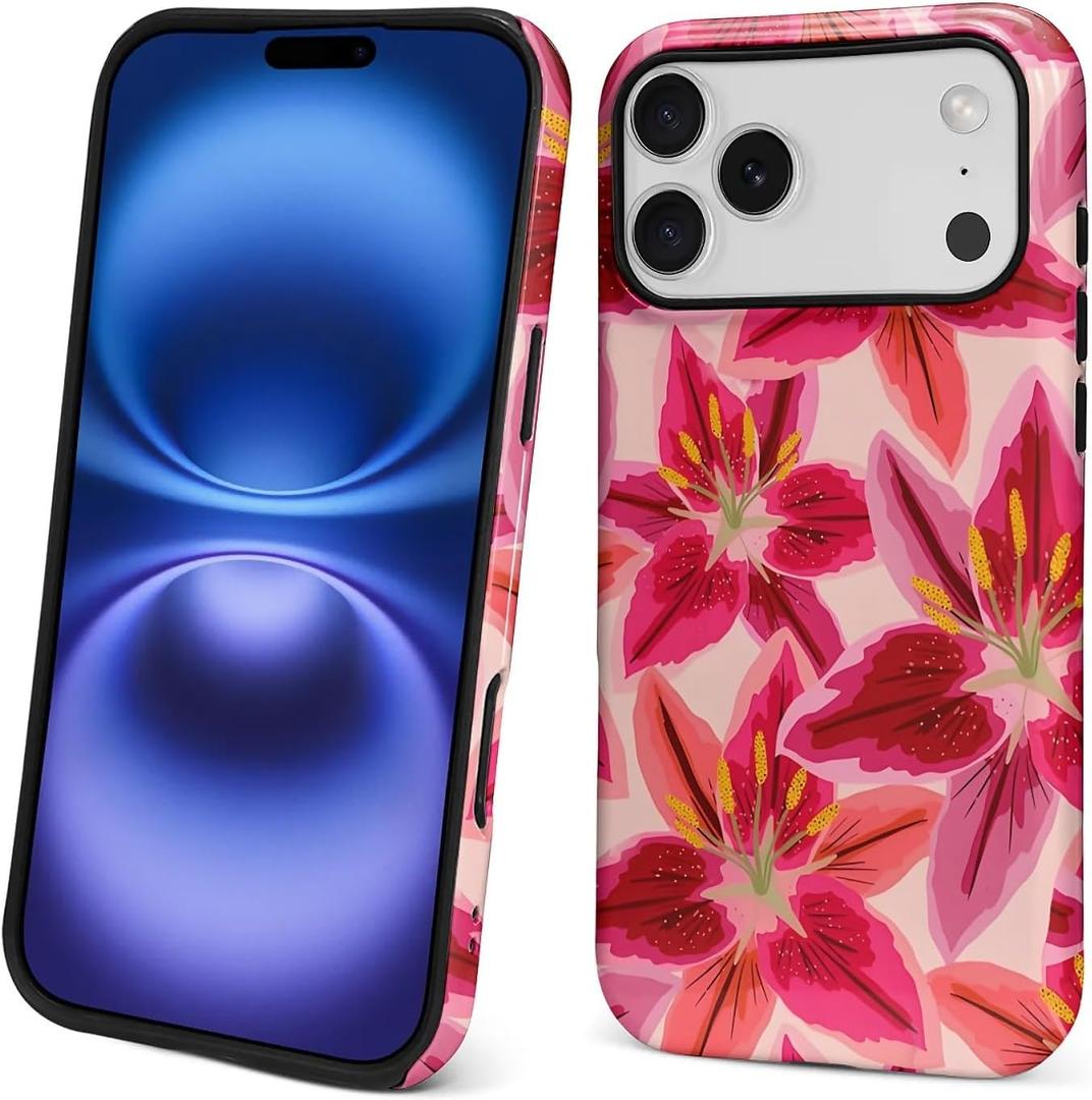 Compatible with iPhone 17 Pro Max Case,Dual-Layer Protection, Hard Shell with Silicone Interior Slim Scratch Resistant Shockproof for Woman Men Cute Colourful Flowers Lily