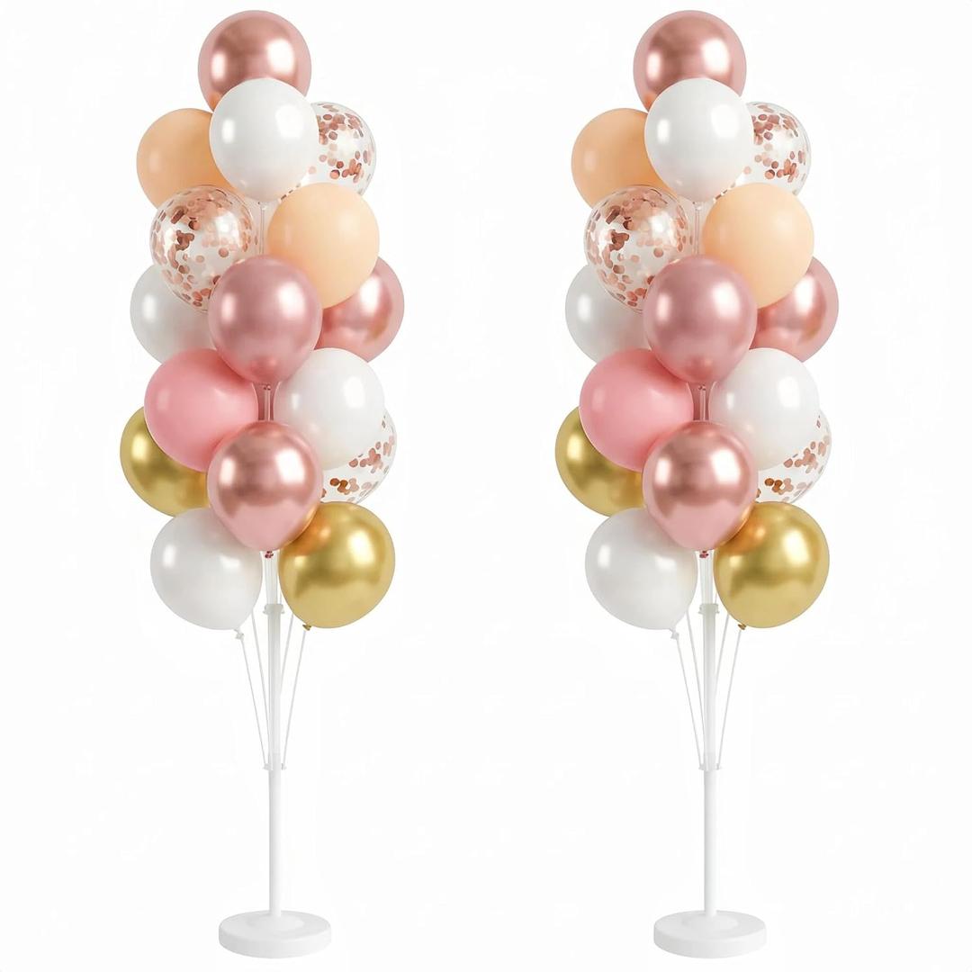 Set of 2 Balloon Column Kit with Nude&Pastel Pink&Metallic Gold White Balloons, Base and Pole - DIY Balloon Tower Stand for Party Decorations, Wedding Backdrop, Birthday, Bridal Shower