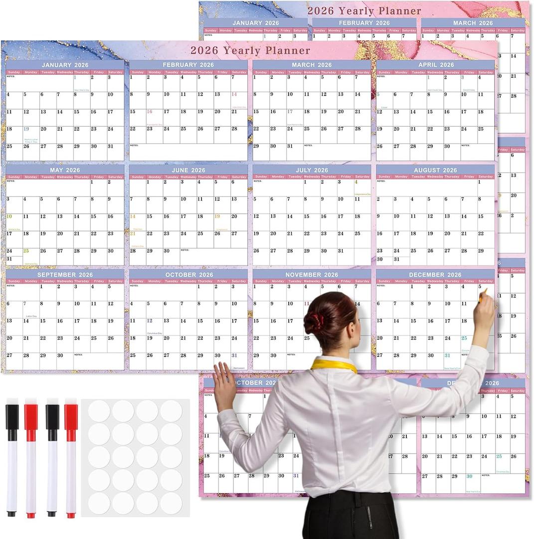 2026 Wall Calendar 32" x 48" Dry Erase Erasable Jumbo XL Wet Dry Calendar Large Laminated Planner 12 Month Horizontal Vertical from January to December for Planning(Marble)