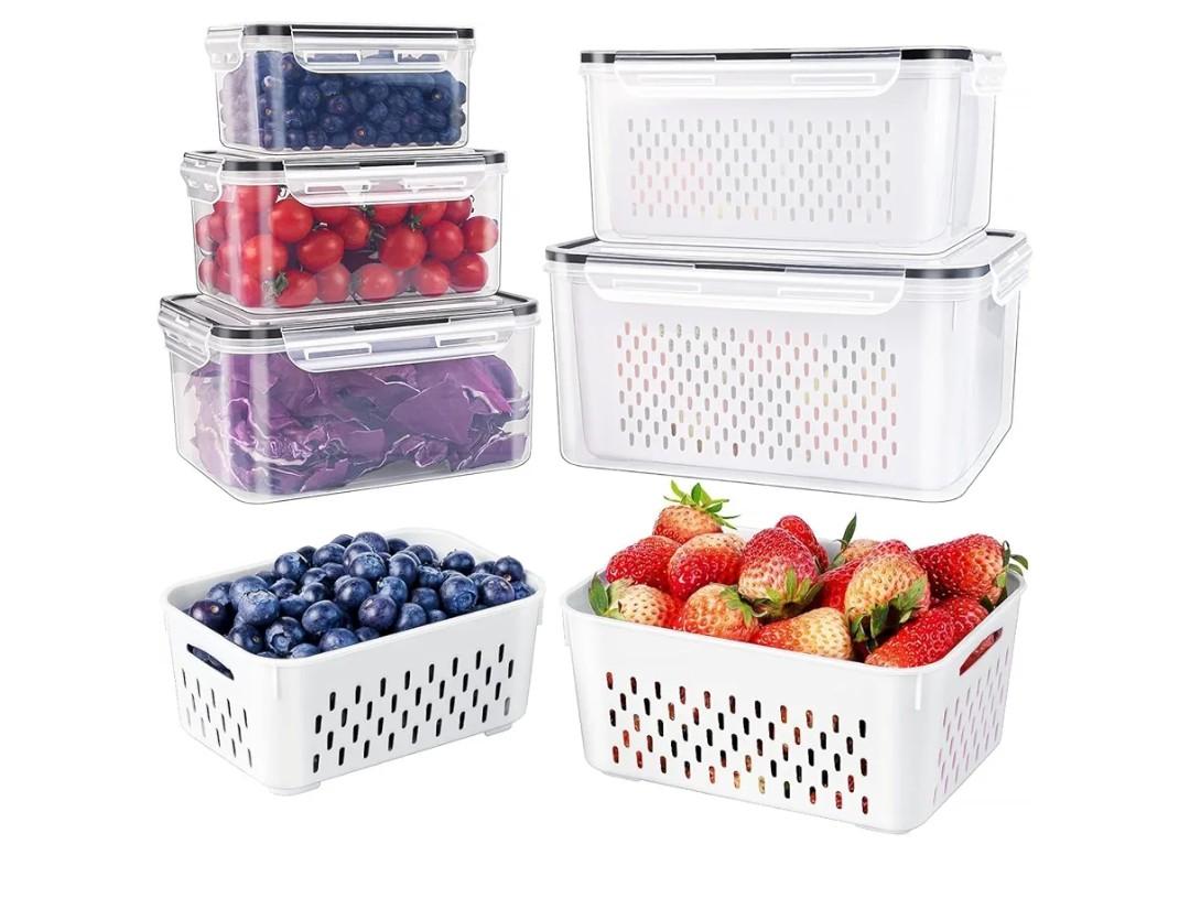 5 PCS Large Fruit Containers for Fridge - Leakproof Food Storage Containers with Removable Colander - Dishwasher & microwave safe Produce Containers Keep Fruits, Vegetables, Berry, Meat Fresh longer
