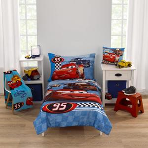 NoJo Disney Cars Radiator Springs White, Blue, and Red Lightning McQueen and Tow-Mater 4 Piece Toddler Bed Set - Comforter, Fitted Bottom Sheet, Flat Top Sheet and Reversible Pillowcase
