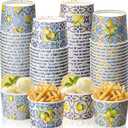 60 Pcs Capri Lemon Ice Cream Cups 9 oz Paper Disposable Dessert Bowls Blue Tiles Yellow Fruit Amalfi Coast Party Decorations for Hot or Cold Snack Mediterranean Summer Birthday Party Favors