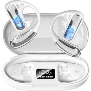 Open Ear Headphones, Bluetooth 5.4 Wireless Earbuds with Ear Hooks, 60H Playtime, AI Clear Call, LED Display Charging Case, IPX7 Waterproof Sports Earphones for Running Workouts Commute, White