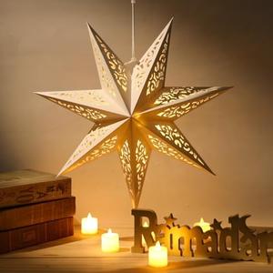 1 Pack 14 Inch 3D Paper Star Lantern, Ramadan Mubarak Large Lampshade, 7-Pointed Hollow Out Lamp Shade Pendant Hanging Decoration for Ramadan Kareem New Year Wedding Birthday Party Home Decor