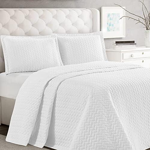 BYSURE All-Season Quilt Bedding Set(King, White), Braided Pattern Microfiber Bedspread, Lightweight Coverlet with 2 Shams