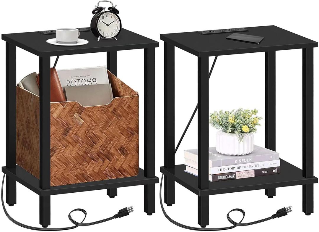 TUTOTAK End Table with Charging Station, Set of 2, Side Table with USB Ports and Outlets, Nightstand, 2-Tier Storage Shelf, Sofa Table for Small Space, Living Room, Bed Room TB01BK041 (Black)