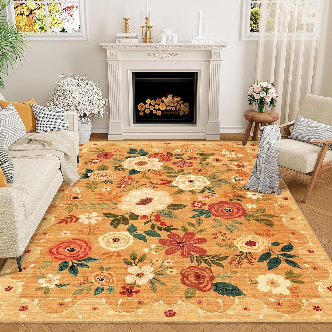 DUKINO 5x7 Area Rug, Floral Rugs for Living Room, Lightweight Non Slip Washable Rug, Indoor Low Pile & Non-Shedding Boho Design Rugs for Bedroom, Living Room, Dining Room, Orange