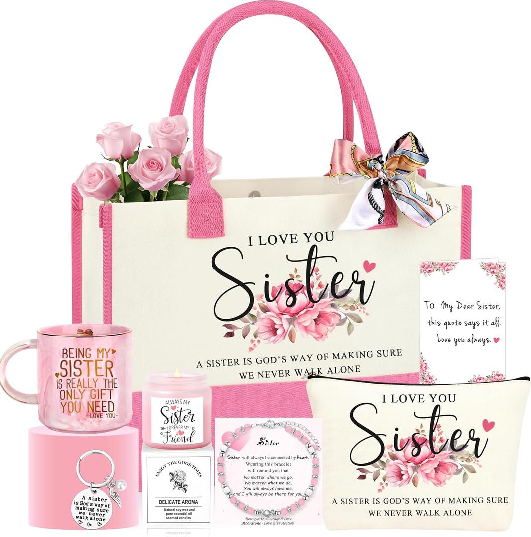 Sister Gifts, Mothers Day Birthday Gifts for Sister, Christmas Valentines Day Unique Present Basket Set of 7