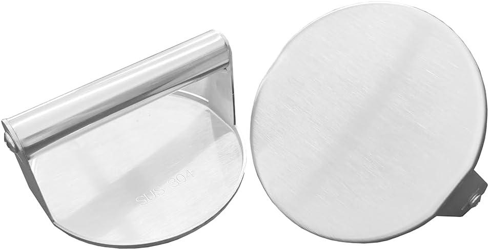 2pcs 5.5-inch 304 Stainless Steel Round Burger Press for Pressing Burgers, Bacon Meats Pair of Stainless Steel and Wood Handles Flat Bottom with no Corners Burger Press Tool for The Grill