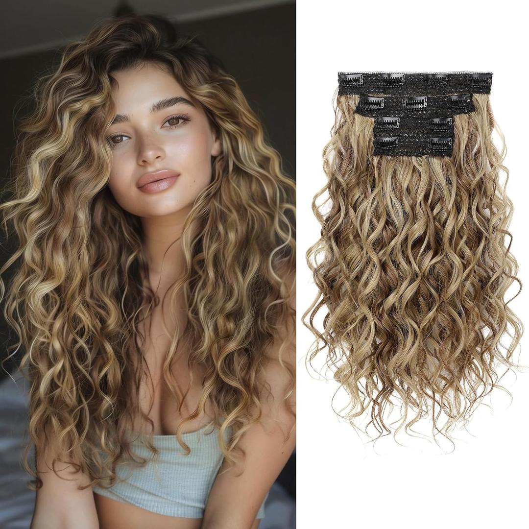 REECHO Curly Hair Extensions, 4PCS 16 inch Clip in Hair Extensions Lace Weft Short Curly Hair Extension Clip Ins Invisible Natural Hairpieces for Women, Light Brown with Blonde Highlights