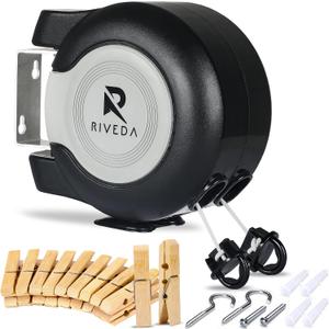 RIVEDA Dual Retractable Clothesline 43 ft Each Line with 24 Clothes Pins - Heavy Duty Clothes Line Indoor & Outdoor Laundry Line -Double Clothing line - Easy Installation (Black)