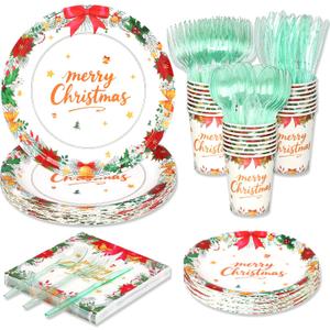 175 Pcs Christmas Paper Plates and Napkins Sets wreath, bell, bowknot Disposable Tableware Set Includes Dinner & Dessert Paper Plates, Napkins, Cups & Forks Christmas Party Supplies Serve 25 (Red)