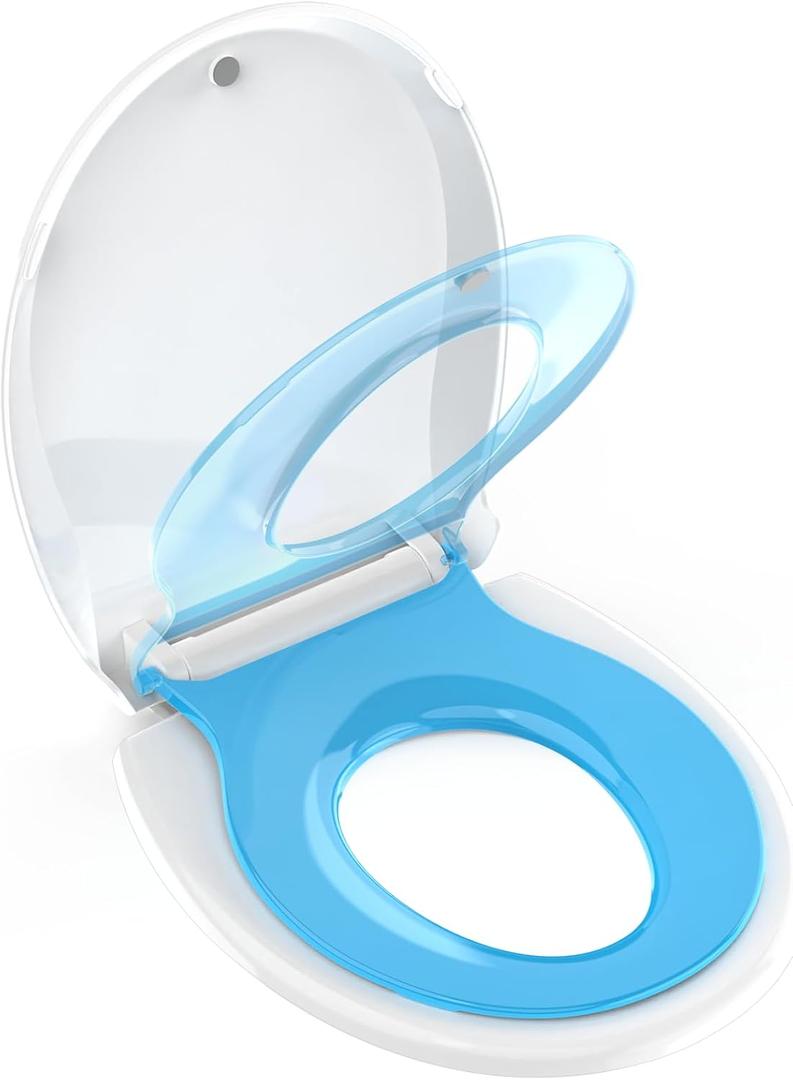 Potty Training Seat Built-in Toilet Seat, Round Toilet Seat 16.5inch with Baby Seat 2 in 1 Soft Close Quiet No Slapping, Magnetic Absorption, Easy Installation for Bottom Fixing ToiletWhite and Blue