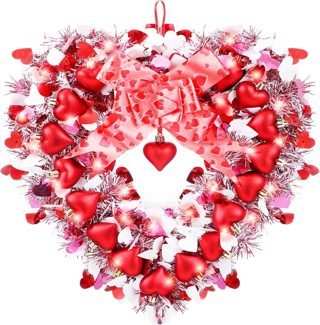 Valentines Day Wreath for Front Door Heart Shaped Wreath with Light String and Bowknot Valentines Day Tinsel Garland Decoration for Door Wall Window Party Decor (Classic Colors)
