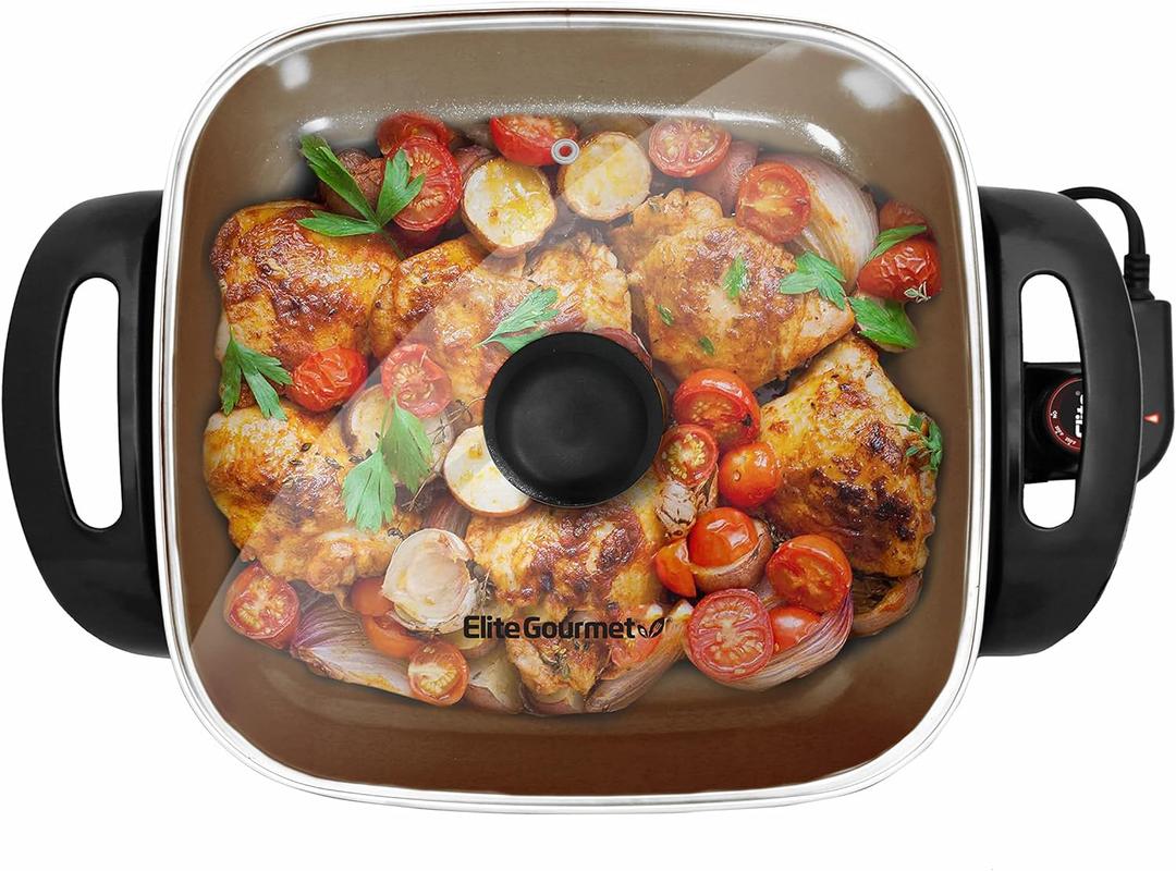 Elite Gourmet EG3033 12"x12"x2.35 Healthy Ceramic with Titanium Coated Scratch Resistant Electric Skillet, Dishwasher Safe, Rapid Heat Up, 1200W, Dark Grey, 6 Quart
