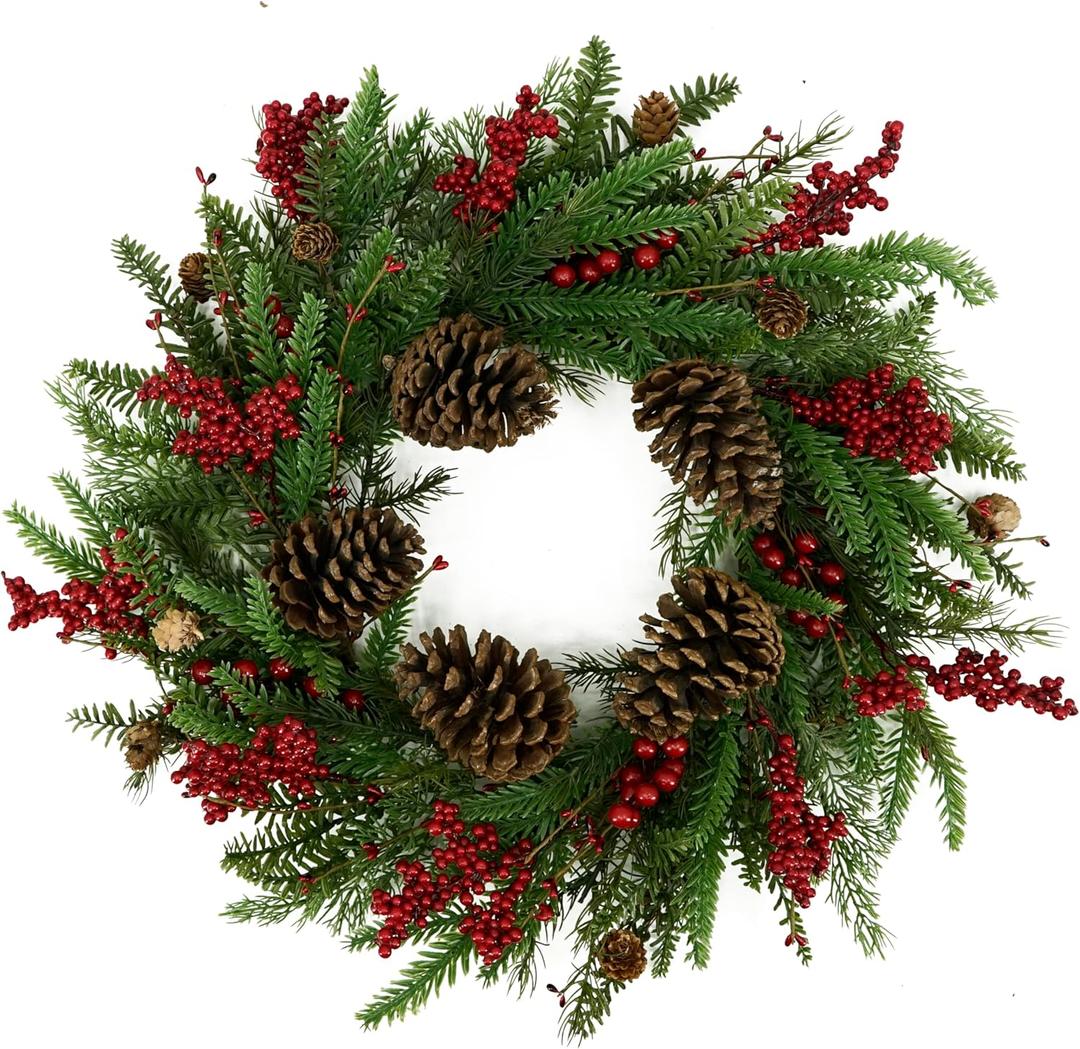 Artificial Christmas Wreaths for Front Door Winter Door Wreath with Big Pine Cones,Pine Needles,Christmas Berry for Front Door Farmhouse Indoor Outdoor Holiday Home Decor