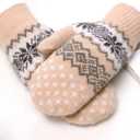Winter Warm Mittens for Women Men - Soft Faux Cashmere Mittens Elastic Cuff Fashionable Stretchy Knit Gloves Cold Weather (Khaki Snowflake)