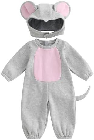 Baby Mouse Costume Boy Girl Long Sleeve Fleece Jumpsuits Romper with Ears Hat Toddler Halloween Outfit. 6-12M
