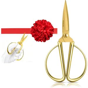Grand Opening Ribbon-Cutting Ceremony Kit Includes Gold Scissors, Flower Ball, Red Ribbon & White Gloves,Suitable for all ribbon-cutting and inauguration ceremonies (Glossy Finish Handle)