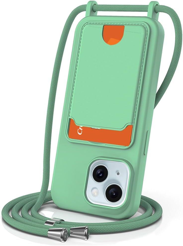 2 x Designed for iPhone 15 Case, Liquid Silicone, Multi-Functional Card Pocket with Lanyard Strap, Adjustable Rope, Shockproof All-Round Protection, TPU Soft Phone Case for iPhone 15, Mint