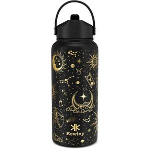 32 oz Insulated Water Bottle with Straw, Golden Sparkle, Leak Proof, Stainless Steel with Flip Straw and Handle, Metal, Reusable, Wide Mouth, for Travel, Gym and School (Golden Tarot)
