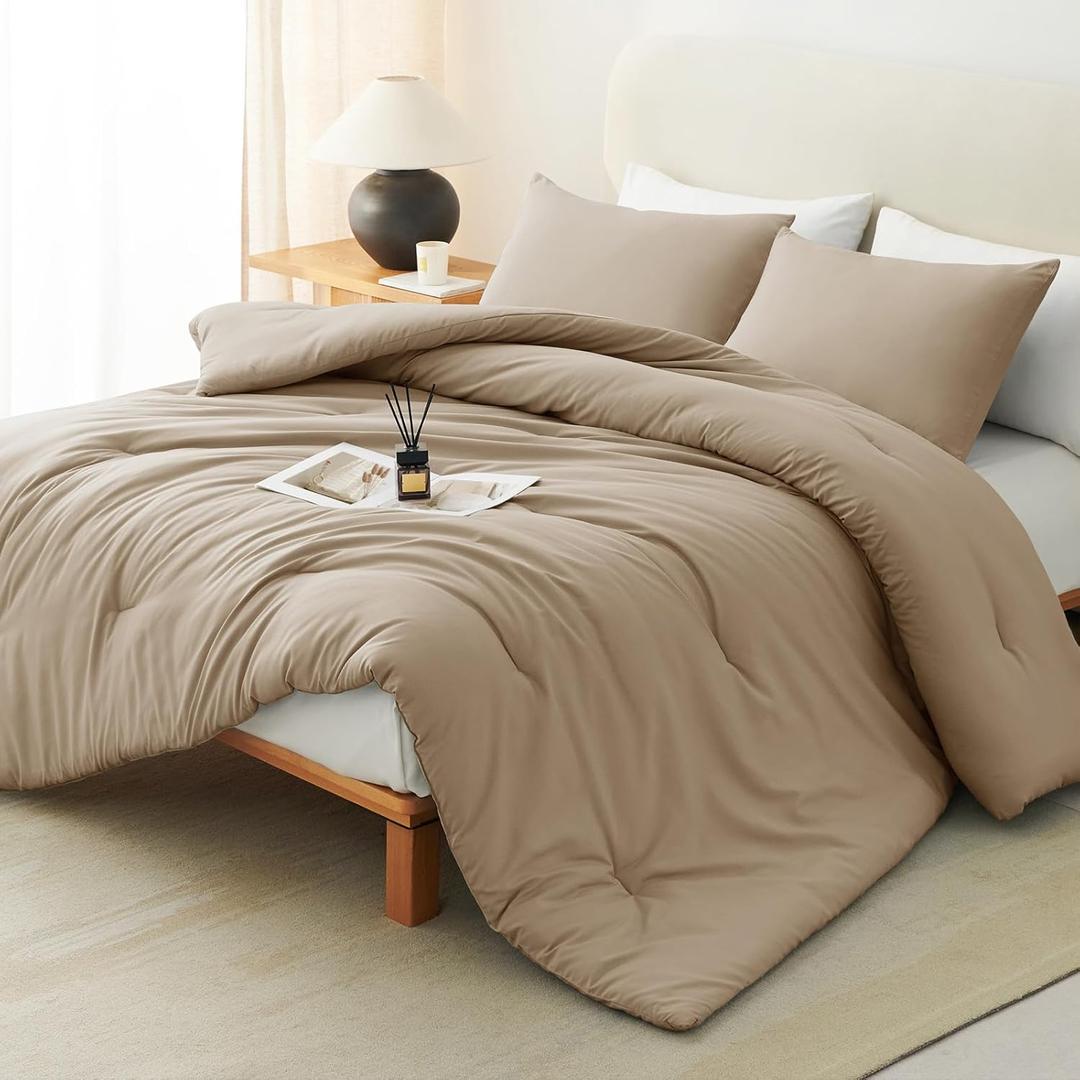 CozyLux Queen Comforter Set Taupe, 3 Pieces Solid Comforters Queen Size Breathable Quilted Bedding Sets, Luxury Soft Lightweight Bed Set with Down Alternative Comforter and 2 Pillowcases All Seasons