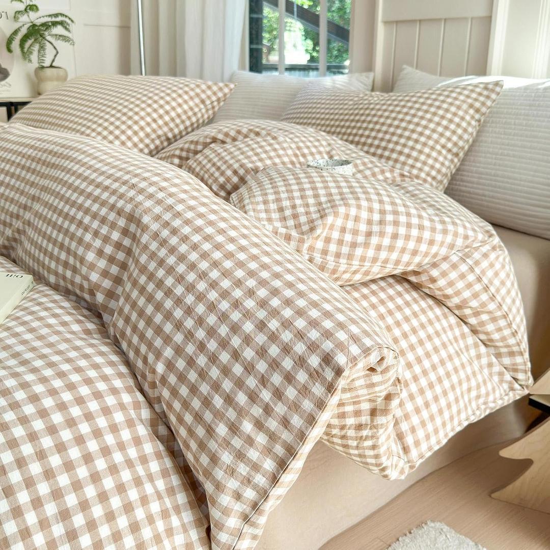 LifeTB Queen Comforter Set Tan Gingham Comforter Modern Style Beige Plaid Comforter Set 3 Pieces Fluffy Grid Checkered Comforter with 2 Pillowcases Boho Gingham Bedding Set Queen Size (Queen (90"x90"))