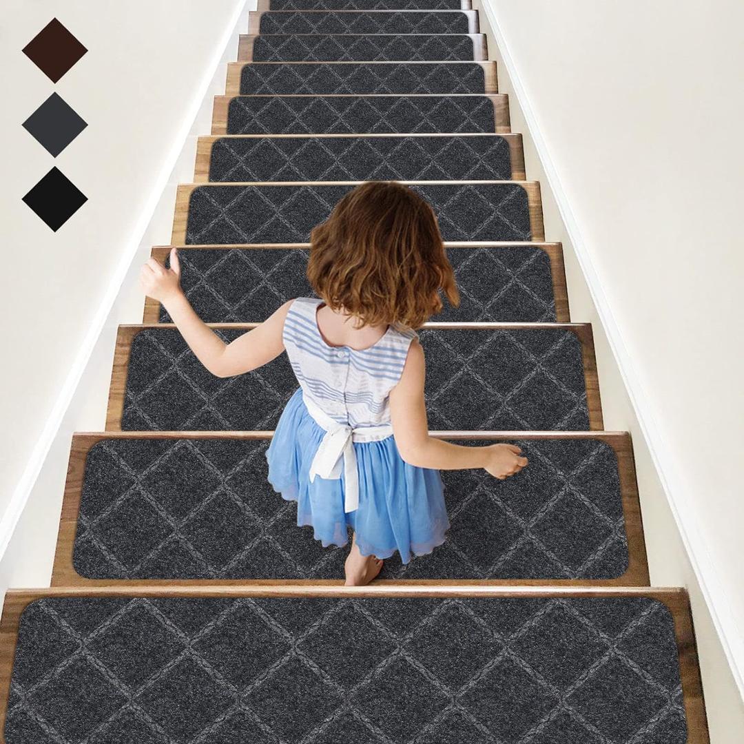 RIOLAND Stair Treads Carpet Non-Slip Indoor 15 PCS Wood Stair Treads Rugs Anti Moving Modern Stair Runners Safety for Kids Dogs, 8" X 30", Diamond Gray